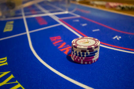 Casino chips on the green tableのeditorial素材