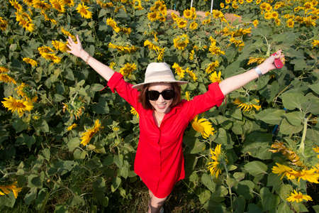 young asian woman with hat on blooming sunflower fieldの写真素材