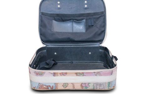 Opened empty travel bag on white backgroundの写真素材