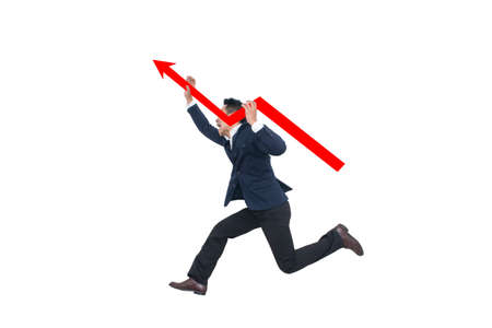 Asian Businessman with red arrow sign jump on white background, Business risk and success conceptの写真素材