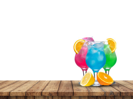 Juice drinks  on wood table with white backgroundの写真素材