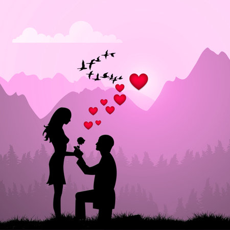 Concept of valentine day , two enamored couple silhouette with mountain backgroundの写真素材