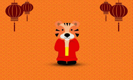 Tiger. Happy Chinese New Year Greeting Card 2022. Wild Animal Holidays cartoonの写真素材