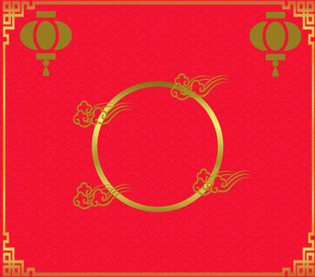 Chinese new year banner with circle for show product. Greeting card. China frame with lantern on red.の写真素材