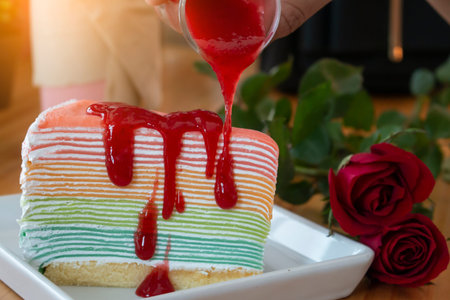 Close up cheesecake with red jamの写真素材