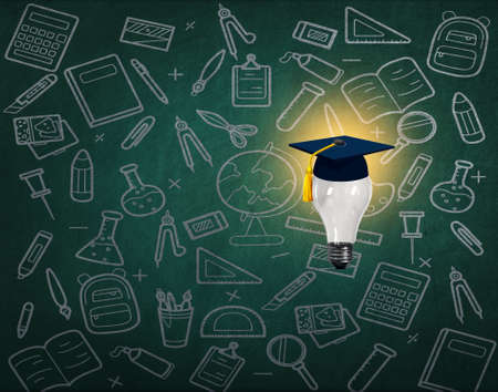 Learning innovation creative education concept for graduation education and school student success with globe bulb on teacher blackboardの写真素材