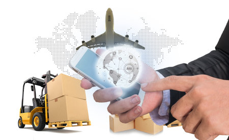 Smart technology concept with global logistics partnership Industrial Container Cargo freight ship, internet of things Concept of fast or instant shipping, Online goods orders worldwideの写真素材
