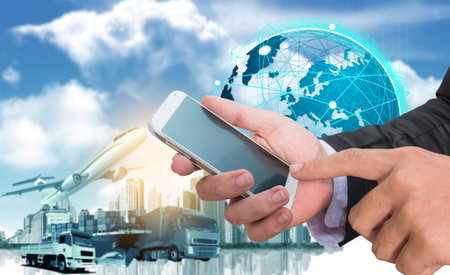 Smart technology concept with global logistics partnership Industrial Container Cargo freight ship, internet of things Concept of fast or instant shipping, Online goods orders worldwideの写真素材