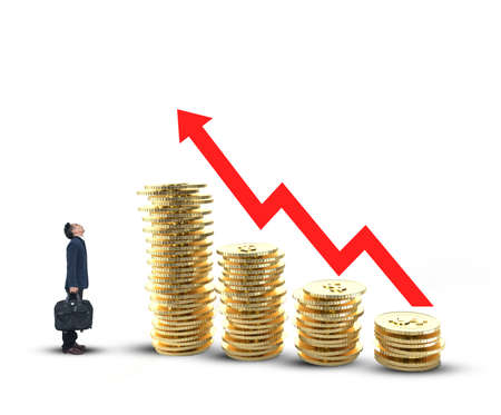 Businessman seeing  the gold coins on white backgroundの写真素材