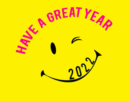 Cartoon character smile have a great year 2022 on white backgroundの写真素材