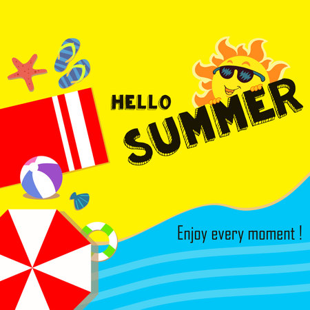 Hello Summer Text Title Poster Design on Beach Background. illustration