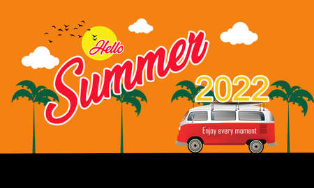 Red retro van runs along the way with sunset . Hello summerの写真素材