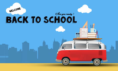 School bus with school supplies and books on yellow background . Back to schoolの写真素材