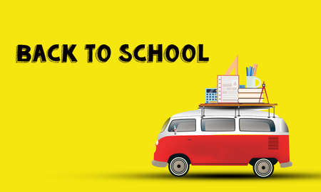 School bus with school supplies and books on yellow background . Back to schoolの写真素材