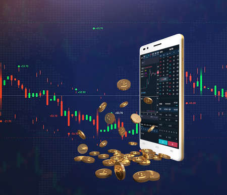 Bitcoin cryptocurrency with pile of coins coming out of smartphoneの写真素材