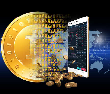 Bitcoin cryptocurrency with pile of coins coming out of smartphoneの写真素材