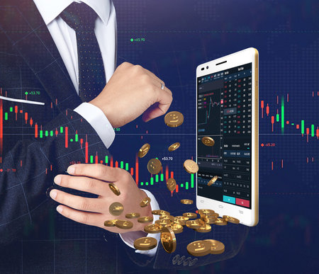 Bitcoin cryptocurrency with pile of coins coming out of smartphone and business manの写真素材
