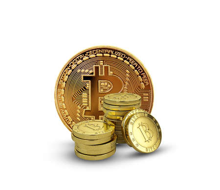 Golden bitcoin on white  background - business concept of crypto currency.の写真素材