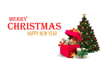 Christmas Winter Festive Elements Christmas Background Decorative Design Objects, Gift Boxes, Christmas tree. Happy New Year Illustrationの写真素材