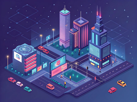 A digital artwork depicting a utopian city designed and run by AI, rendered in vibrant NFT color palettes. With robotic systems, abstract architecture, and digital energy flows, this artwork captures the futuristic essence of an AI-dominated world.の素材