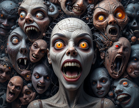 Chaotic and expressive 3D Halloween faces with glowing eyes, stitched mouths, and haunting vibes. A bold and creative interpretation of horror in surreal style.の素材