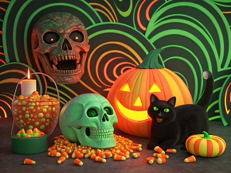 Energetic and twisted Halloween 3D collage filled with surreal faces, skulls, cats, and candy. Designed with psychedelic and neon horror inspiration for bold visual impact.の素材