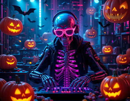 Futuristic Halloween party poster featuring a neon skeleton DJ with digital glitch effects and cyberpunk vibe. Ideal for event promotion, party posters, and NFT-inspired digital artwork.の素材