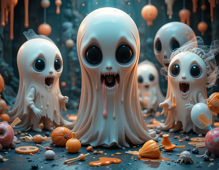 Whimsical 3D Halloween scene with cute yet creepy ghostly characters, candy, and playful horror elements. A perfect blend of fun and fear for design use.の素材