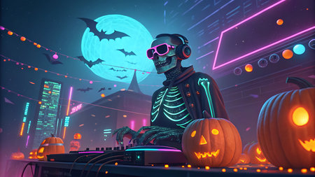 Futuristic Halloween party poster featuring a neon skeleton DJ with digital glitch effects and cyberpunk vibe. Ideal for event promotion, party posters, and NFT-inspired digital artwork.の素材