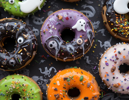 Assorted Halloween donuts topped with sugar eyes, sprinkles, and themed glaze. A vibrant and fun concept for Halloween bakery, party food photography, and seasonal menu design.の素材