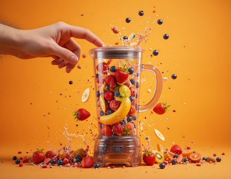 Creative and artistic depiction of a hand pressing a blender button as fruits fall into the blender, with dynamic motion and vibrant colors on an orange background, perfect for modern health campaigns or food ads.の素材