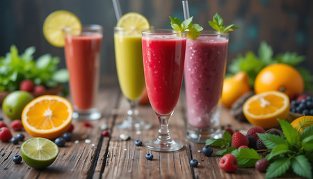 Artistic angled shot of colorful smoothies with fresh ingredients and ample negative space on top for text placement.の素材