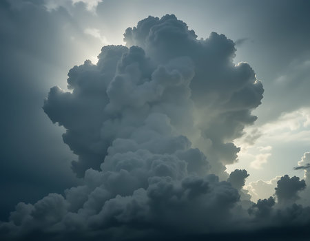 A towering cumulonimbus cloud captured in its full vertical development, showcasing the powerful structure of a storm cloud. Perfect for meteorology visuals, climate change topics, and dramatic sky scenes.の素材