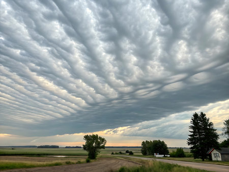 An illustration of stratiform clouds with flat and uniform layers covering the entire sky, creating a soft, moody atmosphere. Perfect for weather illustrations or documentary visuals.の素材