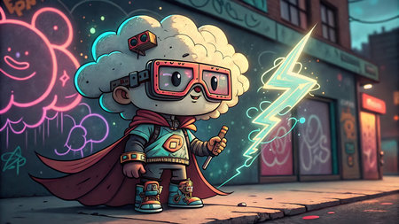 A one-of-a-kind NFT mascot character featuring a playful cloud head and expressive features. Designed in a vibrant doodle art style with street-art energy, this character stands out with colorful accessories and a bold neon backdropâperfect for digital collectibles or branding.の素材