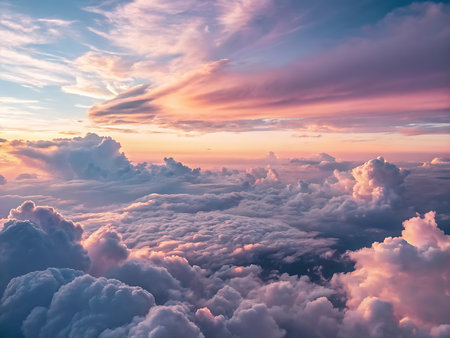 A fantasy-style birdâs eye view of the upper cloud layer, glowing with pastel hues from the rising sun. The soft and fluffy clouds create a magical and ethereal atmosphere. Ideal for dreamlike backgrounds, fantasy scenes, and inspirational artwork.の素材