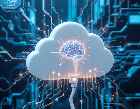 A futuristic illustration combining cloud computing and artificial intelligence, featuring a white cloud connected by a network cable and integrated with a glowing brain-shaped AI circuit. Perfect for representing AI infrastructure, data transfer, and modern cloud-based technology systems.の素材