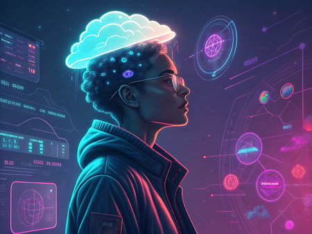 A surreal digital painting of a futuristic human figure with a cloud-like head display, surrounded by floating digital interfaces and glowing circuits. Rendered in vivid neon tones with a cyberpunk atmosphere, this artwork represents the fusion of human identity and cloud technology.の素材