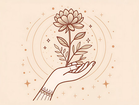 A delicate and meaningful line art illustration of a hand holding a blooming flower, expressing peace, healing, and gentle strength. Designed in a minimal style with earthy tones, this artwork is ideal for apparel that promotes mindfulness and well-being.の素材