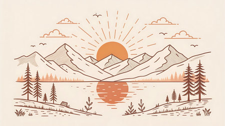 A minimalist and serene design of the sun rising behind peaceful mountains, with a still lake reflecting soft warm colors. This artwork symbolizes calm, balance, and inner peace â perfect for printing on apparel with a nature-inspired theme.の素材