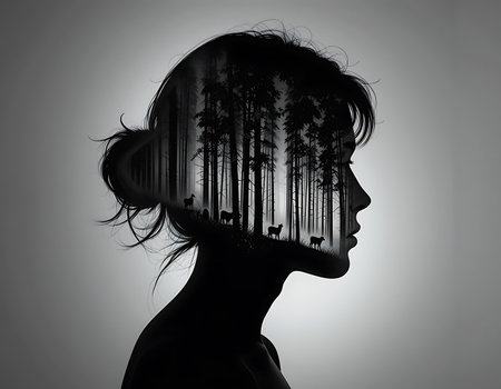 A conceptual black and white artwork showing a human head in profile, with a forest and wildlife revealed in the negative space. This emotional piece symbolizes the deep connection between humans and nature. Artistic and surreal.の素材