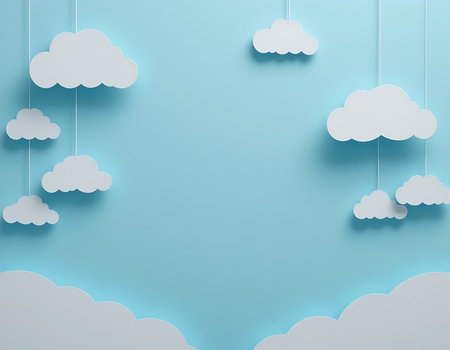 Minimalist paper art illustration of white clouds and a blank speech bubble hanging against a light blue background. Includes copy space, ideal for message templates, childrenâs themes, or creative text placements.の素材