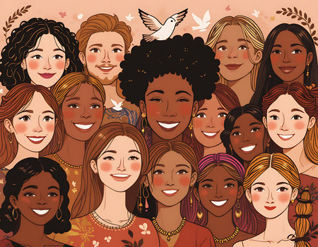 A heartfelt doodle-style poster celebrating diversity and peace, featuring smiling faces of people from various cultures connected through olive branches and doves. Designed in warm earthy colors to radiate harmony, empathy, and human connection.の素材