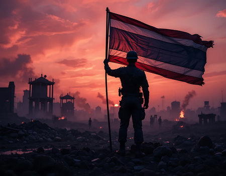 A striking silhouette of a soldier waving the Thai flag while facing a battlefield at dusk. The dark, smoky atmosphere and fiery ruins highlight the contrast between courage and chaos, evoking a deep emotional tone and national pride.の素材