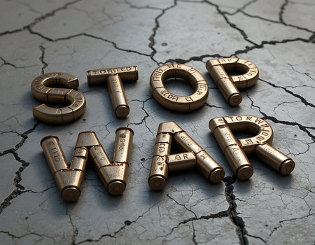 A striking 3D image featuring bullets arranged to spell out the phrase 'STOP WAR'. The metallic bullets contrast sharply with a cracked concrete surface, delivering a bold anti-war message through a powerful visual metaphor.の素材