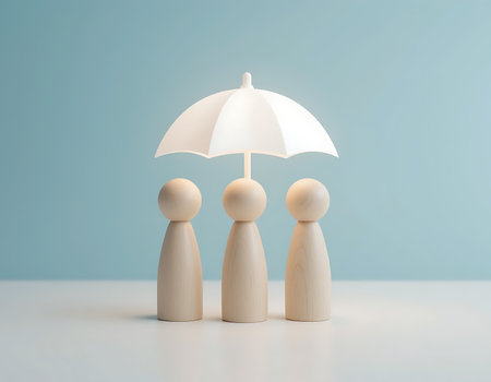 Minimalist 3D render showing three wooden peg dolls under a glowing umbrella icon on a white surface with soft blue gradient background. Symbolizes protection, safety, and life insurance with a clean and modern style.の素材