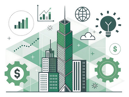 A creative abstract cover for business and finance articles, showing a geometric city skyline with integrated financial and strategy icons in a cubist layout.の素材