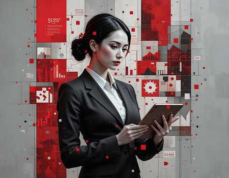 A modern cubism-inspired image of a businesswoman interacting with floating data charts and analytics symbols. Ideal for illustrating tech-driven leadership and digital business insights.の素材