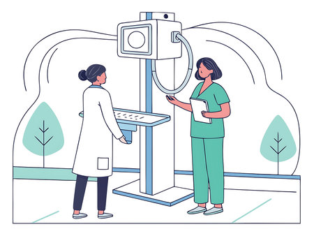 Flat vector illustration of a woman undergoing an X-ray scan with a radiologist operating the machine in a clinical setting. Ideal for use in medical diagnostics, radiology awareness, and healthcare content.の素材