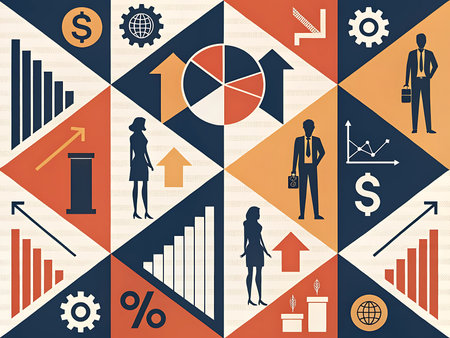 A seamless pattern featuring business figures and data graph elements in a modern cubist style. Created with bold geometric shapes and flat color blocks, ideal for print on corporate-themed products.の素材